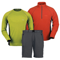 Rab alpine shorts, Rab MeCo 120 short and long sleeve shirts and Rab Orbit Pull-on