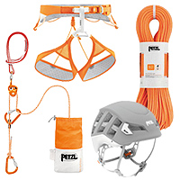 Petzl Meteor Helmet, Sitta Harness, Volta Climbing Rope, and RAD System 